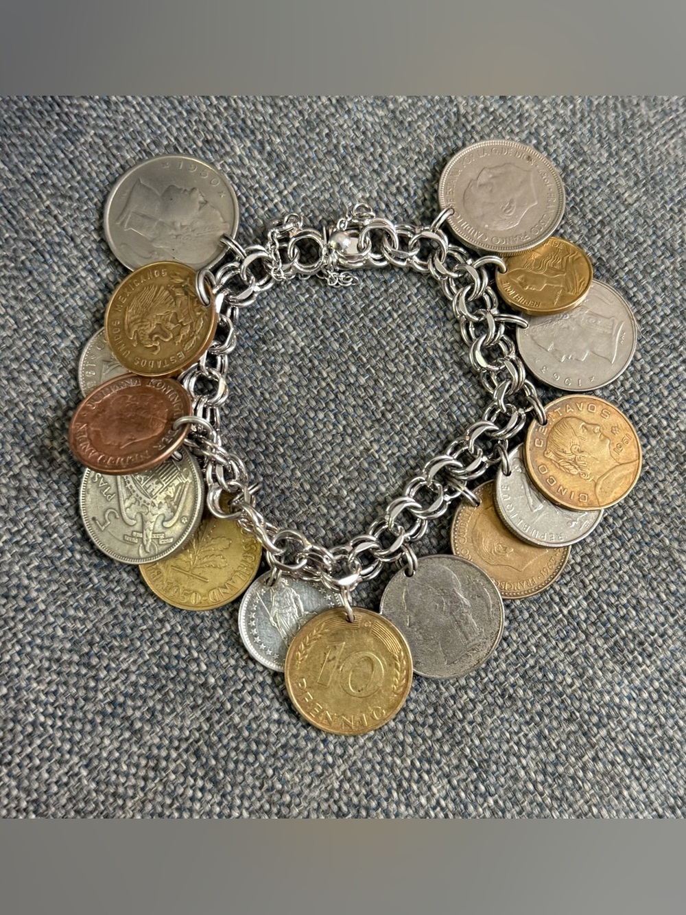 Sterling Silver 925 Multi Size Coin Cluster Chunky Charm Two Tone Bracelet